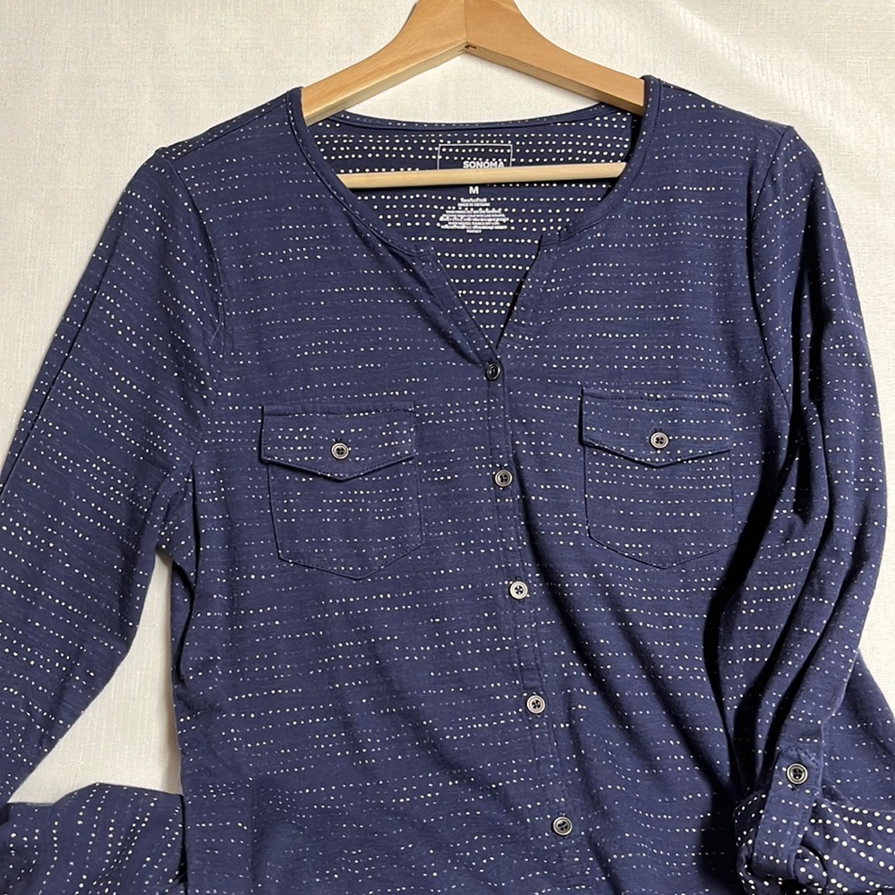 Long sleeve navy blue Top NWT V-Neck button down top 3/4 sleeve option